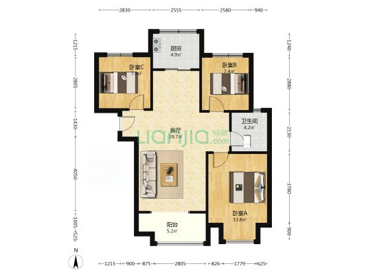 华阳路高新区天伦湾小区，南北通透，环境优美三居室。-户型图