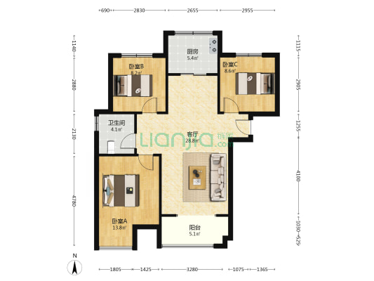 出售天伦湾小区，环境优美，南北通透三居室。-户型图