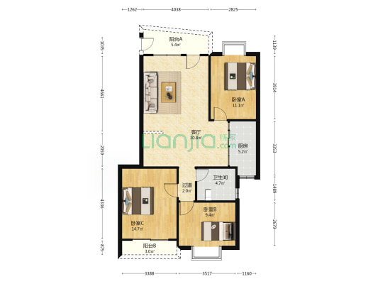 贤德居 3室1厅1卫 89平方