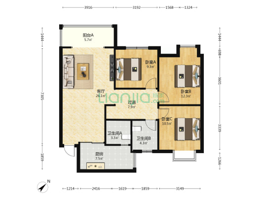 龙祥佳苑三期 3室1厅2卫 109平方