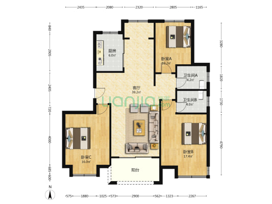 南湖苑二区 3室1厅2卫 125平方