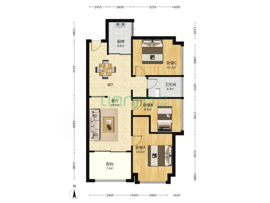 中嘉景峰苑 3室1厅1卫 96平方