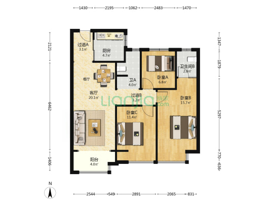 亚星倚澜苑 3室1厅2卫 105平方