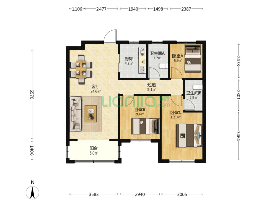 富康熙园 3室1厅2卫 110平方