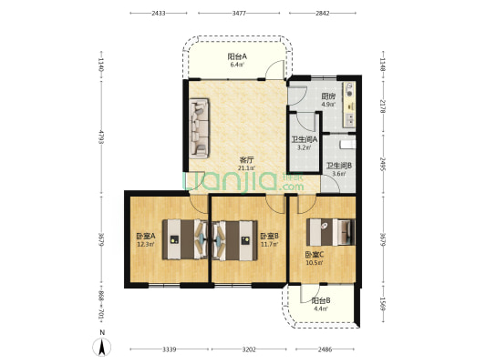 食出小区 3室1厅2卫 85平方