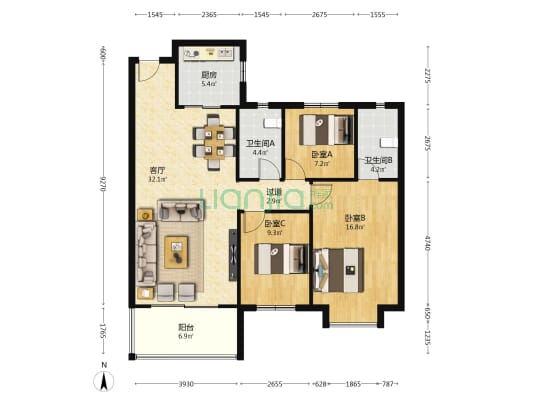 富力园康新天地 3室1厅2卫 117平方