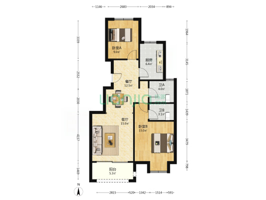 阅江景苑 2室2厅2卫 88平方