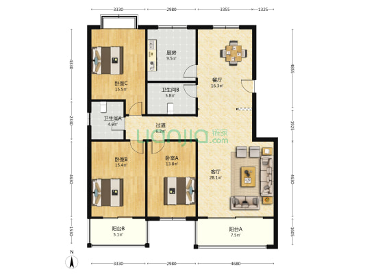 梁家牌楼19号院 3室2厅2卫 146平方