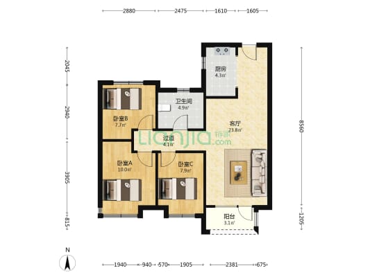 永定河孔雀城悦未来 3室1厅1卫 95平方