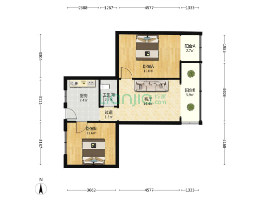 人民巷3号 2室1厅1卫 68平方
