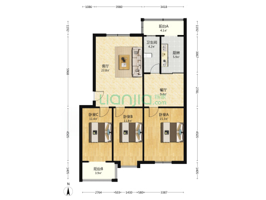 范阳路开发区槐林新村全南三居出售精装修未住-户型图