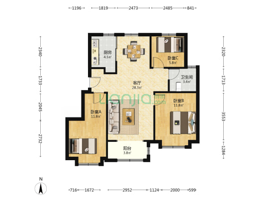 新城悦隽学府 3室1厅1卫 92平方