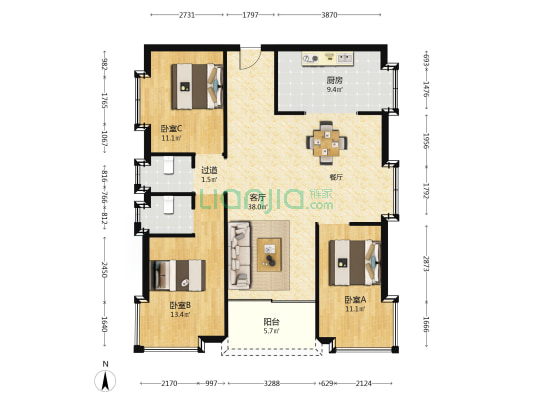低围街 3室1厅2卫 110平方
