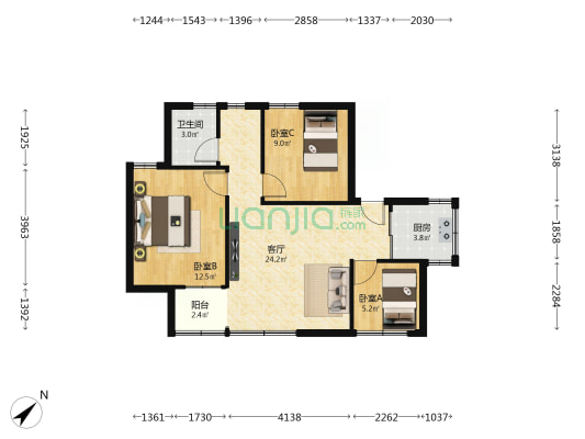 青竹花园北区 3室1厅1卫 76平方