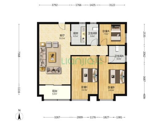 金恒银杉里 3室1厅2卫 123平方