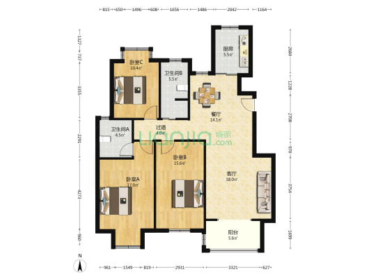 华锦名城 3室2厅2卫 126平方