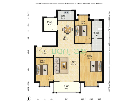 滨江花苑 3室2厅1卫 129平方