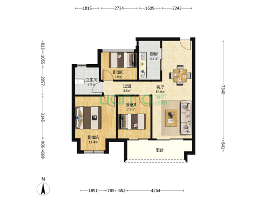 绿地·理想城 3室1厅1卫 89平方