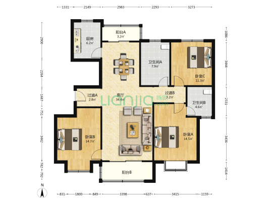 新安花园 3室1厅2卫 144平方