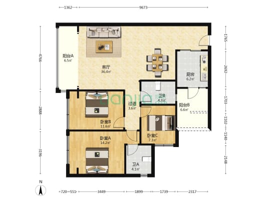 中海天府里天际一期 3室1厅2卫 120平方