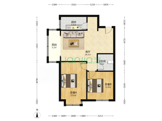 开发区冠云路新加坡精装修两居室家具家电齐全拎包入住-户型图