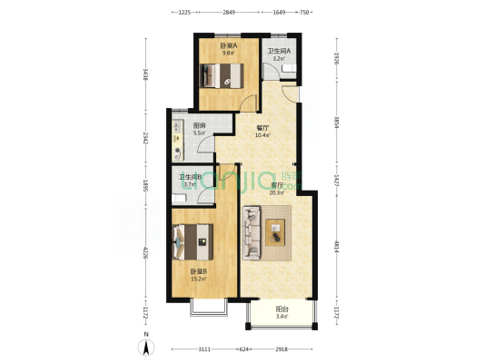 凯旋门南北通透两居室，户型方正，満五-户型图