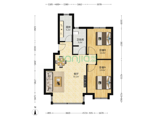 华美学府壹号院 2室1厅1卫 88平方
