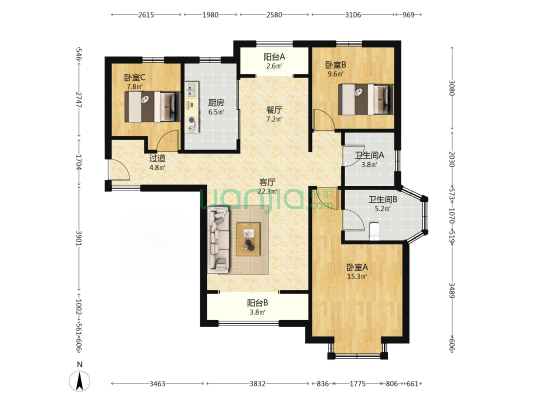 香邑溪谷精装修中上楼层南北通透三居室-户型图