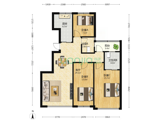 金银小区 3室1厅1卫 107平方