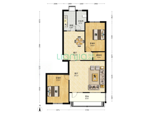 投资公司宿舍(鑫满园) 2室2厅1卫 120平方