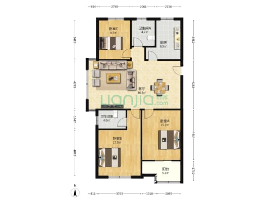 寺东嘉园 3室1厅2卫 133平方