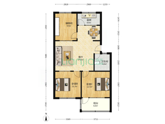 奎文中心医院宿舍 2室1厅1卫 92平方