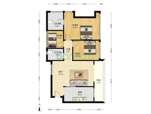 松茂御城 3室1厅2卫 88平方