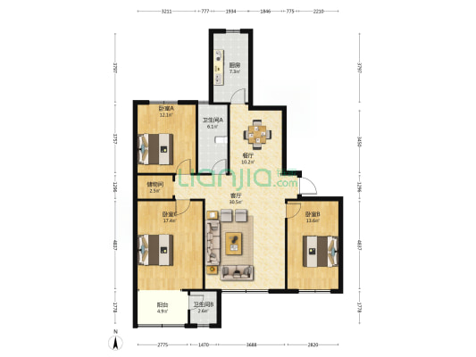 百信大厦 3室2厅2卫 148平方