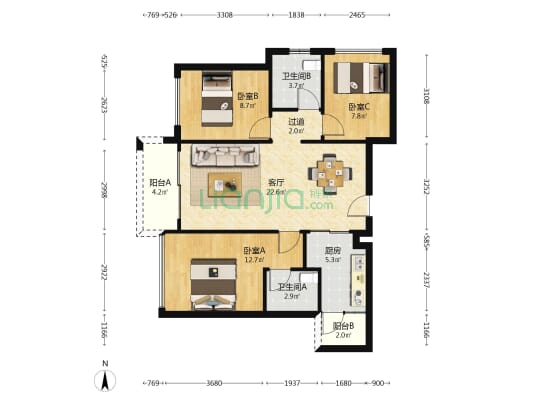 枫璟丽园 3室1厅2卫 91平方