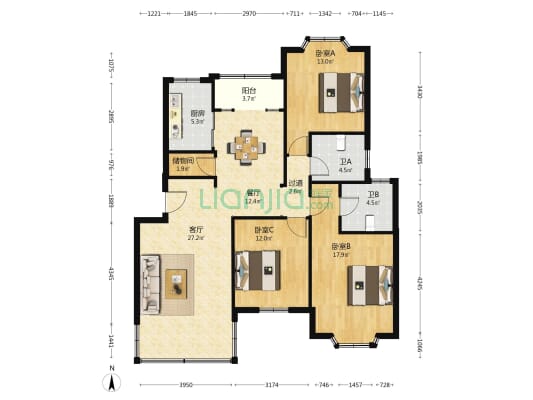海城花园 3室2厅2卫 126平方