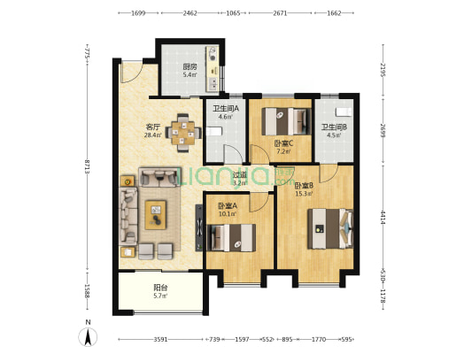 华润置地二十四城 3室1厅2卫 120平方