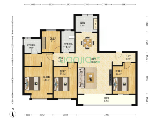 复星国际中心四区 4室1厅2卫 161平方
