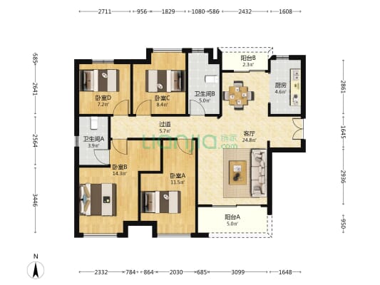 长房越秀星悦荟 4室1厅2卫 119平方