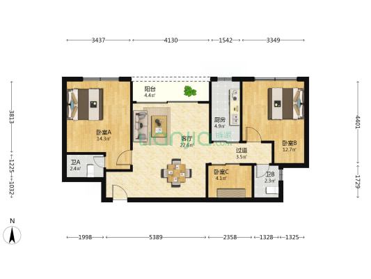 通园小区 3室1厅2卫 88平方