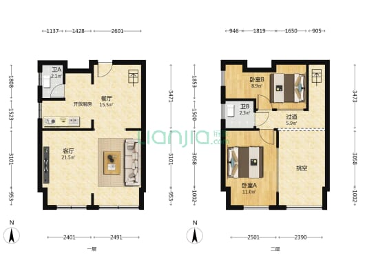 恒伟星中心 2室2厅2卫 59平方