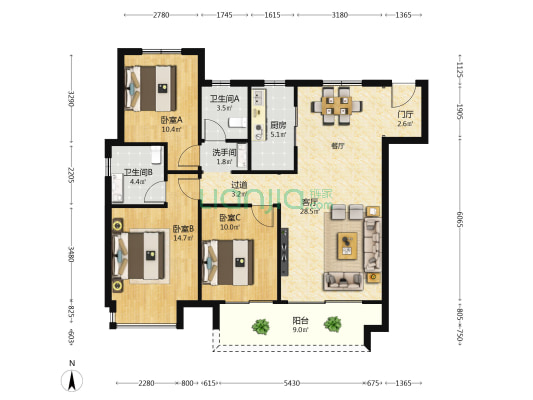 金科·中原 3室1厅3卫 128平方