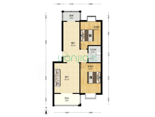 惠友康庭 2室1厅 南-户型图