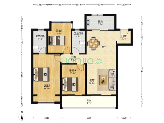 翡翠文华B区 3室1厅2卫 129平方