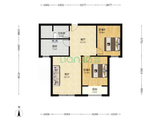 涿州孔雀城悦澜湾 2室1厅 南 北-户型图
