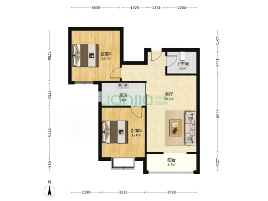 联合七号院大两居，南北通透。格局好-户型图