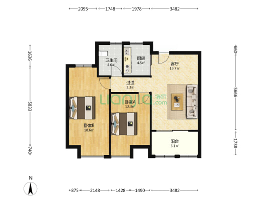 梦和苑东区 2室1厅1卫 93平方