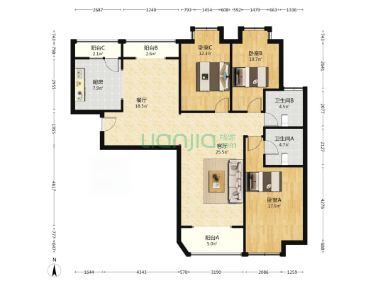 君临天下御景园 3室2厅 南 北-户型图