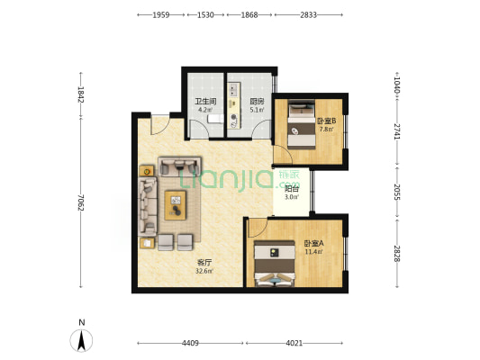 军怡公馆 2室1厅 东-户型图
