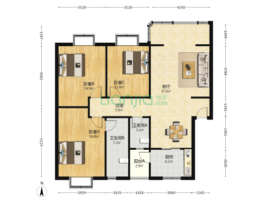 金带花园 3室1厅2卫 120平方
